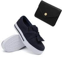 Kit Tenis Slip On em Jeans Autem Originals Elastico Detalhe em Laço e Carteira