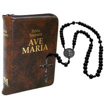 Kit Terço Sagrada Face Livro Bíblia Sagrada Ave-Maria Zíper - Média - Marrom