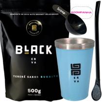 Kit Tereré Black Erva Mate 500g + Copo Alumínio Térmico AZUL + Bomba Clássica Preta-Acompanha Scoop