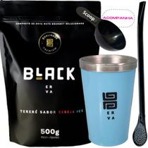 Kit Tereré Black Erva Mate 500g + Copo Alumínio Térmico AZUL + Bomba Clássica Preta-Acompanha Scoop
