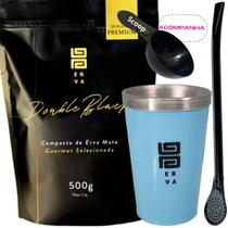Kit Tereré Black Erva Mate 500g + Copo Alumínio Térmico AZUL + Bomba Clássica Preta-Acompanha Scoop