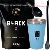 Kit Tereré Black Erva Mate 500g + Copo Alumínio Térmico AZUL + Bomba Clássica Preta-Acompanha Scoop