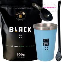 Kit Tereré Black Erva Mate 500g + Copo Alumínio Térmico AZUL + Bomba Clássica Preta-Acompanha Scoop