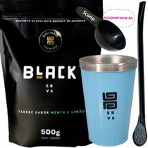 Kit Tereré Black Erva Mate 500g + Copo Alumínio Térmico AZUL + Bomba Clássica Preta-Acompanha Scoop