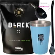 Kit Tereré Black Erva Mate 500g + Copo Alumínio Térmico AZUL + Bomba Clássica Preta-Acompanha Scoop