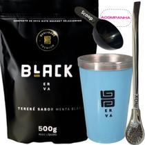 Kit Tereré Black Erva Mate 500g+ Copo Alumínio Térmico AZUL + Bomba Tradicional Inox Acompanha Scoop