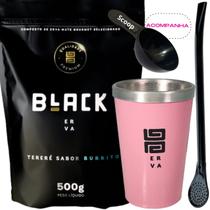 Kit Tereré Black Erva Mate 500g + Copo Alumínio Térmico ROSA + Bomba Clássica Preta-Acompanha Scoop