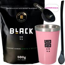 Kit Tereré Black Erva Mate 500g + Copo Alumínio Térmico ROSA + Bomba Clássica Preta-Acompanha Scoop