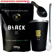 Kit Tereré Black Erva Mate 500g + Copo de Alumínio Térmico Preto + Bomba Clássica Cromada - COMPROMIX