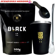 Kit Tereré Black Erva Mate 500g + Copo de Alumínio Térmico Preto + Bomba Clássica Cromada
