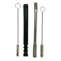 Kit tereré bomba v8 preta inox 19 cm de tela + bomba de mola inox prata 19cm com rosca desmontável + escova higiênica