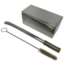 Kit tereré copo cuia quadrado inox 250ml prata + bomba mola com rosca desmontável prata + escova de higienização