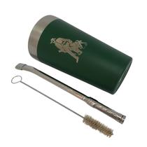 Kit tereré copo cuia térmico parede dupla inox 500ml verde + bomba tela rica 21cm prata com rosca desmontável + escova