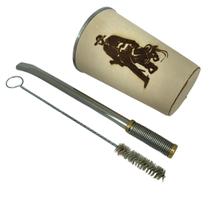 Kit tereré copo de couro legítimo cru 200ml + bomba inox de mola com rosca desmontável 19cm + escova