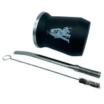 Kit tereré copo redondo 350ml alumínio parede dupla preto + bomba mola com rosca prata semi achatada detalhada + escova