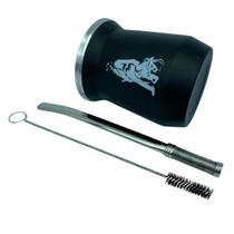 Kit tereré copo redondo 350ml alumínio parede dupla preto + bomba mola com rosca prata semi achatada lisa + escova