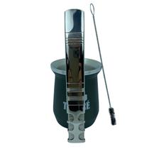 Kit tereré copo redondo 350ml alumínio parede dupla verde + bomba de tela super premium larga 20cm prata inox + escova