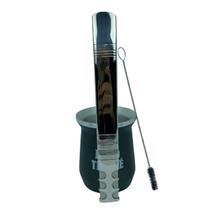 Kit tereré copo redondo 350ml alumínio parede dupla verde + bomba de tela super premium larga 24cm prata inox + escova