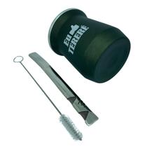 Kit tereré copo redondo 350ml alumínio parede dupla verde + bomba V6 tela luxo 18,7cm prata + escova higiene