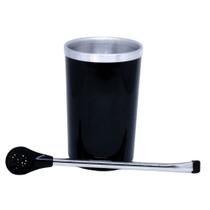 Kit Tereré Copo Térmico revestido e Bomba Inox Preto 340 ml