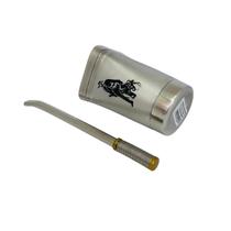 Kit tereré cuia copo redondo 300ml alumínio boca quadrada + bomba mola com rosca desmontável prata 19cm + escova higiene