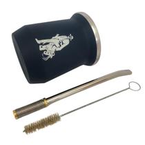 Kit tereré cuia copo redondo 350ml alumínio parede dupla azul + bomba mola desmontável com rosca prata + escova higiene