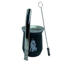 Kit tereré cuia copo redondo 350ml alumínio parede dupla preto + bomba clássica tela luxo 18cm prata + escova higiene