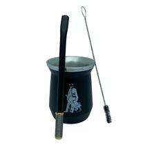 Kit tereré cuia copo redondo 350ml alumínio parede dupla preto + bomba mola desmontável com rosca preta + escova higiene