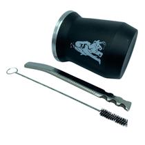 Kit tereré cuia copo redondo 350ml alumínio parede dupla preto + bomba V8 tela luxo 19cm prata + escova higiene