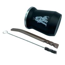 Kit tereré cuia copo redondo 350ml alumínio parede dupla preto + bomba V8 tela luxo 19cm rose + escova higiene