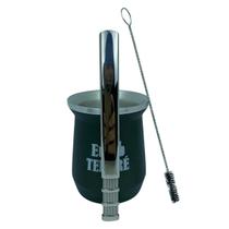 Kit tereré cuia copo redondo 350ml alumínio parede dupla verde + bomba de tela clássica 18cm prata inox + escova
