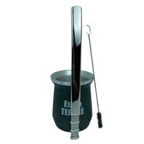 Kit tereré cuia copo redondo 350ml alumínio parede dupla verde + bomba de tela clássica 24cm prata inox + escova
