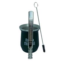Kit tereré cuia copo redondo 350ml alumínio parede dupla verde + bomba de tela premium 18cm de inox + escova higiênica
