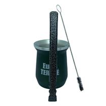 Kit tereré cuia copo redondo 350ml alumínio parede dupla verde + bomba de tela v8 craquelado de inox + escova higiênica