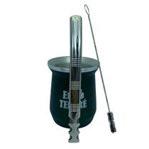 Kit tereré cuia copo redondo 350ml alumínio parede dupla verde + bomba de tela v8 prata de inox + escova higiênica