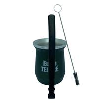 Kit tereré cuia copo redondo 350ml alumínio parede dupla verde + bomba de tela v8 preta de inox + escova higiênica