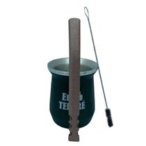 Kit tereré cuia copo redondo 350ml alumínio parede dupla verde + bomba de tela v8 rose 19cm de inox + escova higiênica