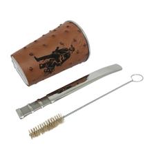 Kit tereré cuia copo redondo alumínio revestido de couro modelo avestruz 200ml + bomba tela clássica 18cm prata + escova