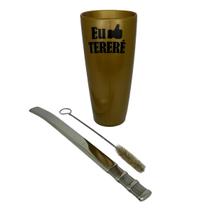 Kit tereré guampa chifre plástica 300 ml dourado + bomba de tela clássica 24cm inox prata + escova para higienização Kit tereré guampa chifre plástica 300 ml dourado + bomba de tela clássica 24cm inox prata + escova para higienização