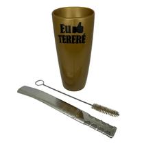 Kit tereré guampa chifre plástica 300 ml dourado + bomba de tela recartilhado lateral 20cm inox prata + escova