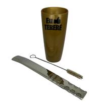 Kit tereré guampa chifre plástica 300 ml dourado + bomba de tela super premium extra larga 24cm inox prata + escova