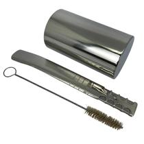 Kit tereré inox luxo copo cuia redondo liso 300ml prata + bomba tela frisado lateral 20cm larga + escova de higienização