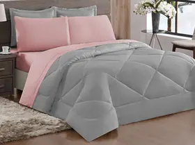 Kit ternura Edredom Casal king Dupla Face Rosa Cinza