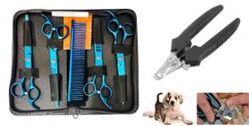 Kit Tesoura Banho Tosa Apara Cão Gato Barbearia Cabeleireiro Semidentada Pente + Alicate de unhas para Pets - PlayShop Eletronicos