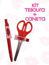 Kit Tesoura e Canetas esferografica hidratante labial tesoura sem ponta escolar e caneta azul papelaria