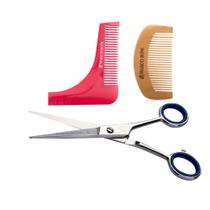 Kit tesoura fio liso navalha 6" pente de madeira e alinhador