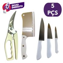 Kit Tesoura Trinchante Multifunções Cortar Aves e Cutelo Machadinha 6” e Jogo 3 Facas Cabo Branco Kit Tesoura Trinchante Multifunções Cortar Aves e Cutelo Machadinha 6” e Jogo 3 Facas Cabo Branco