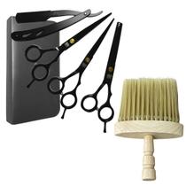 Kit Tesouras Para Barbeiro Completo + Espanador Pincel Bege Cabo Madeira Kit Tesouras Para Barbeiro Completo + Espanador Pincel Bege Cabo Madeira