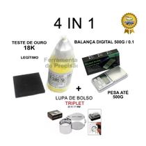 Kit Test Ouro 4 em 1 - Pedra Peq + Ácido 18k + Balança 500g + Lupa