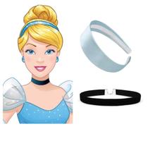 Kit Tiara Arco Cinderela Ella + Colar Diadema Seda Azul F